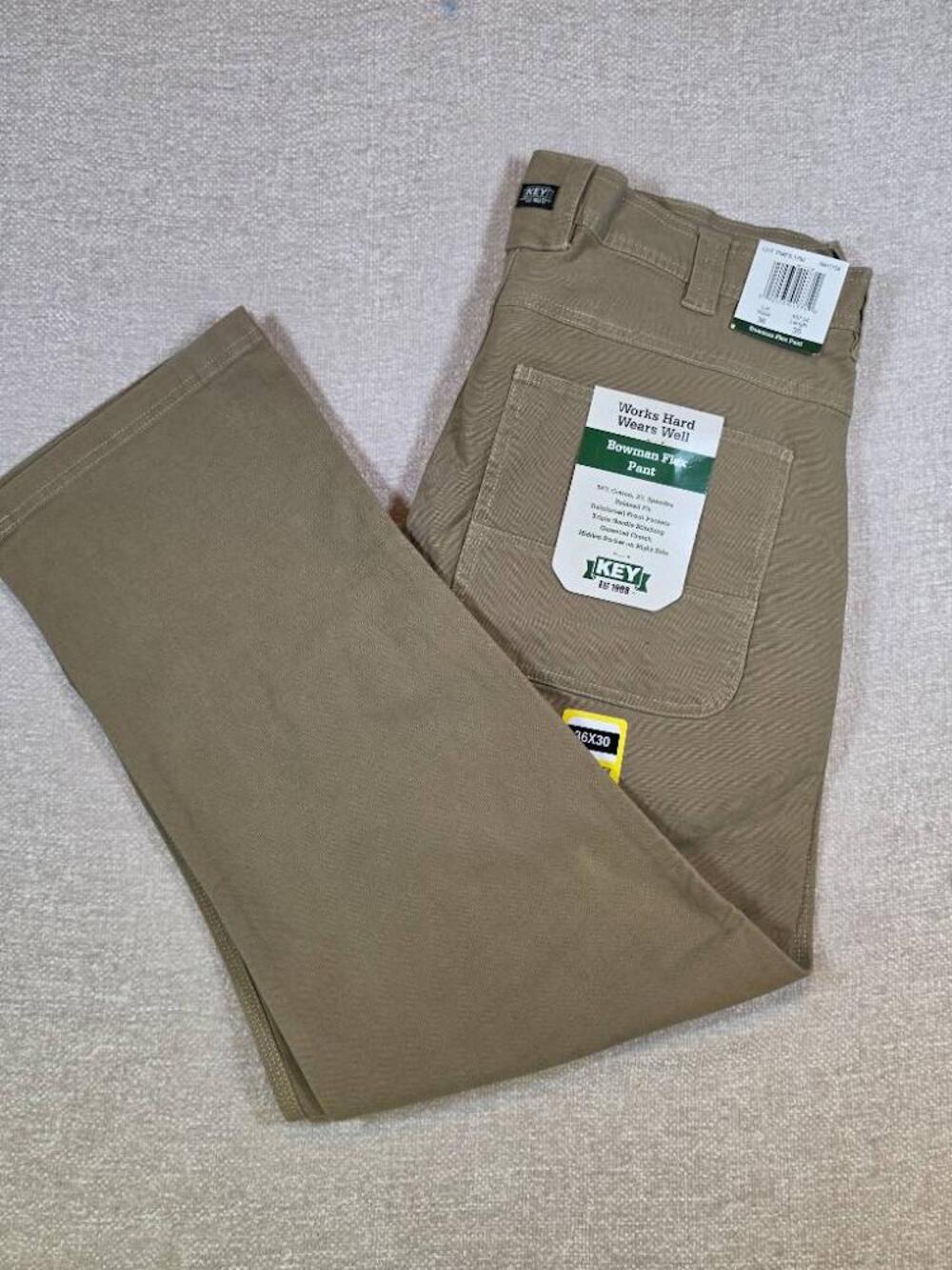 KEY NWT Bowman Flex Pants Khaki Canvas Relaxed Fit Work Utility Men Size 36x30